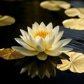 Beautiful white water lily on dark water surface with green leaves Royalty Free Stock Photo