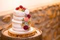 Beautiful white wedding cake decorated with colorful flowers on a wooden barrel Royalty Free Stock Photo