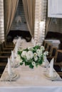 Beautiful white wedding decor in restaurant Royalty Free Stock Photo