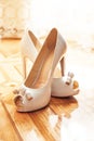 Beautiful white wedding shoes for the bride Royalty Free Stock Photo