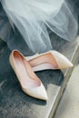 Beautiful white wedding shoes for brides Royalty Free Stock Photo