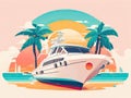 Beautiful white yacht against the background of palm trees, coast, sky and sun. Postcard