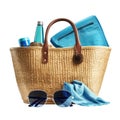 Beautiful wicker beach raffia bag with leather handles on cutout PNG transparent background. Generative AI