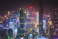 Beautiful wide-angle night aerial view of Guangzhou Zhujiang New Town financial district, Guangdong, China with skyline and scener