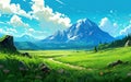 Beautiful wide ghibli landscape background with high mountain
