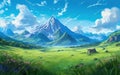 Beautiful wide ghibli landscape background with high mountain