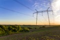 Beautiful wide panorama of high voltage lines and power pylons s Royalty Free Stock Photo