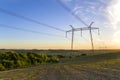 Beautiful wide panorama of high voltage lines and power pylons s Royalty Free Stock Photo