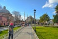 beautiful wide view of Blue Mosque of Turkey (Sultanahmet Camii), view from parkside, Istanbul