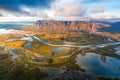 Beautiful, wild arctic valley viewed from mountain top in epic early morning light. Remote Rapa river valley from the Royalty Free Stock Photo