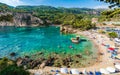 Beautiful beach and boat in Paleokastritsa, Corfu island, Greece