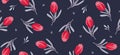 Tulips seamless pattern in hand drawn style on dark background. Floral background Royalty Free Stock Photo