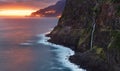 Beautiful wild coast scenery view with Bridal Veil Falls at Ponta do Poiso in Madeira Island. Near Porto Moniz,