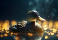 A beautiful wild duck with brown plumage swims in a clear forest river in the evening. Royalty Free Stock Photo