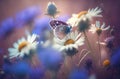 Beautiful wild flowers and butterfly in morning in nature close-up. Cool blue tones. Generative AI. Royalty Free Stock Photo