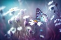 Beautiful wild flowers and butterfly in morning in nature close-up. Cool blue tones. Generative AI. Royalty Free Stock Photo