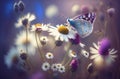 Beautiful wild flowers and butterfly in morning in nature close-up. Cool blue tones. Generative AI. Royalty Free Stock Photo