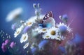 Beautiful wild flowers and butterfly in morning in nature close-up. Cool blue tones. Generative AI. Royalty Free Stock Photo