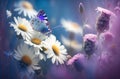 Beautiful wild flowers and butterfly in morning in nature close-up. Cool blue tones. Generative AI. Royalty Free Stock Photo