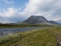 Beautiful wild Lapland nature landscape with blue glacial river, birch tree bushes, snow capped mountains Northern Sweden summer