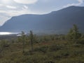 Beautiful wild Lapland nature landscape with STF Kaitumjaure Mountain cabin hut, lake, birch tree forest and mountains. Northern S Royalty Free Stock Photo