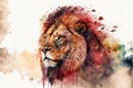 Beautiful wild lion in dramatic watercolor painting