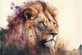 Beautiful wild lion in dramatic watercolor painting