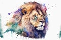 Beautiful wild lion in dramatic watercolor painting