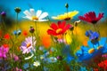 Beautiful wild meadow field with fresh grass and colorful flowers in nature against a blue sky Royalty Free Stock Photo