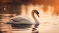 Single swan is swimming on the lake at sunset.