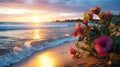 beautiful wild rose bush on sunset beach ,bee fly ,dew drops ,sunlight beam flares