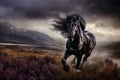 beautiful wild shiny black stallion horse galloping across a vast rugged landscape Royalty Free Stock Photo