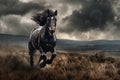 beautiful wild shiny black stallion horse galloping across a vast rugged landscape Royalty Free Stock Photo