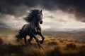 beautiful wild shiny black stallion horse galloping across a vast rugged landscape Royalty Free Stock Photo