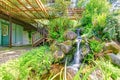 Beautiful wild style pond with waterfall. Farm house backyard Royalty Free Stock Photo