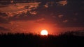 Beautiful wild sunrise over forest. Orange cloudy sky. The sun behind the clouds