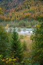 Beautiful wilderness Isar river in autumn, colorful trees in the mountain forest Royalty Free Stock Photo