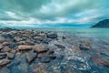 Beautiful wilderness, rocky beach, view of the fjord