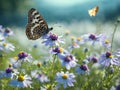 Beautiful wildflowers, butterfly in morning mist in nature.