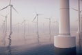 Beautiful the wind turbines in sea, ocean. Clean energy, wind energy, ecological concept. 3d rendering Royalty Free Stock Photo