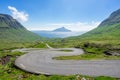 Beautiful winding road in Nordredal valley in Faroe Islands with