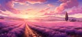 A beautiful winding road surrounded by vibrant lavender fields during a picturesque summer sunset Royalty Free Stock Photo