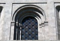 Beautiful window with decorative glass and steel bars