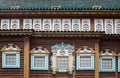 Beautiful windows of Wooden Palace of Tsar Alexei Mikhailovich Romanov, Father of Peter 1. 17th century building in Kolomenskoye