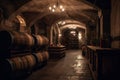 Beautiful Wine cellar with a row of barrels. Generative ai