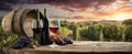 The beautiful wine setup with grapes and sunset in a vineyard backdrop..AI generated image Royalty Free Stock Photo