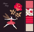 Beautiful winged fairy girl with red rose. Card and set of seamless patterns in bright colors. Fashion design for clothing. Royalty Free Stock Photo