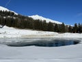 Beautiful winter atmosphere on storage lake Valos or reservoir lake Valos (Speichersee Valos)