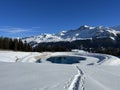 Beautiful winter atmosphere on storage lake Valos or reservoir lake Valos (Speichersee Valos)