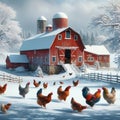 Beautiful Winter Barnyard Scene Red Barn Snow Chickens AI Generated Royalty Free Stock Photo